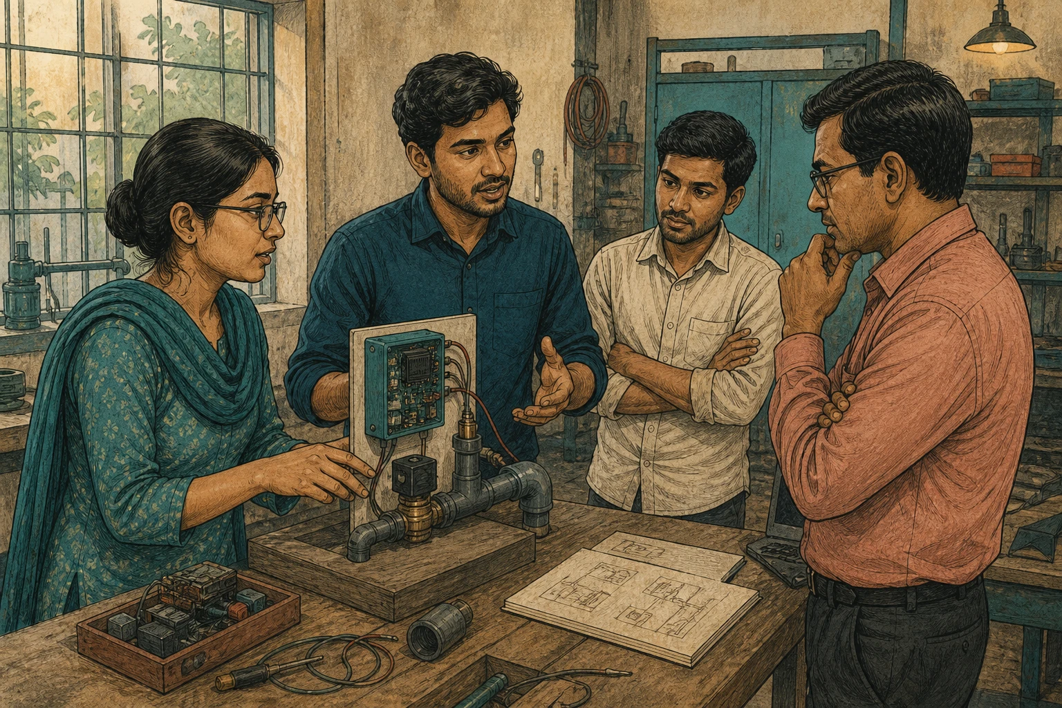 Entrepreneurs demonstrate an irrigation-control prototype to a potential investor.