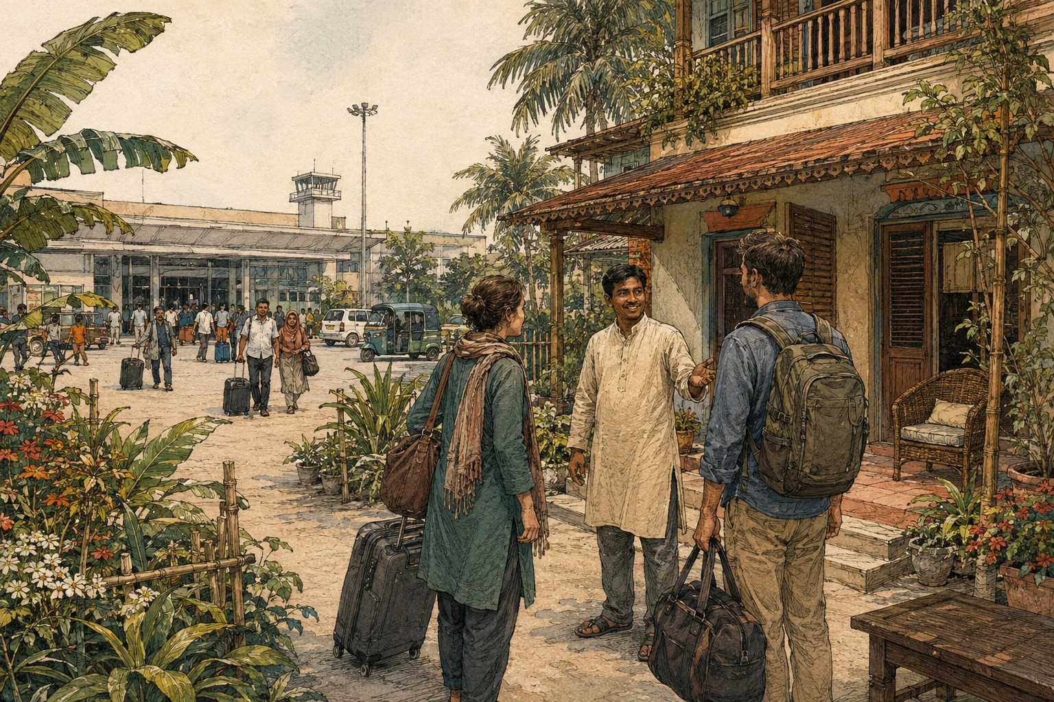 A guide welcomes travellers to a local guesthouse near an airport.