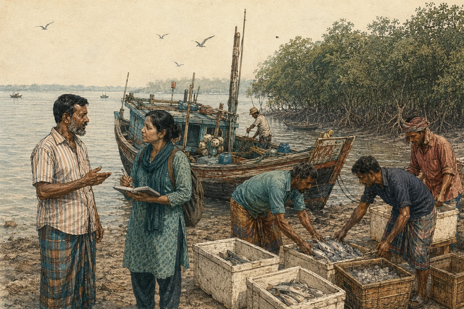 Fishers land their catch while a researcher speaks with a boat owner.
