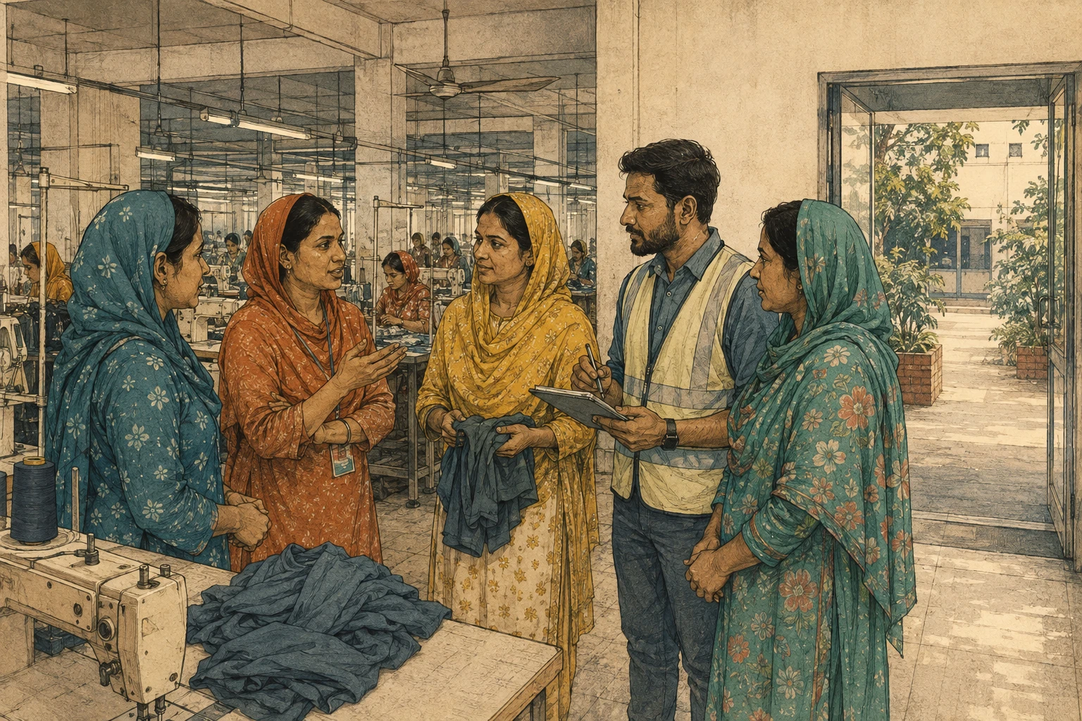 Workers and a safety officer discuss a workplace improvement.