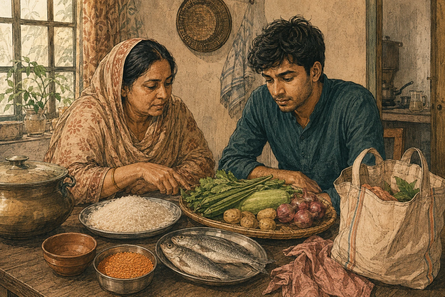 A household plans a meal with food brought home from the market.
