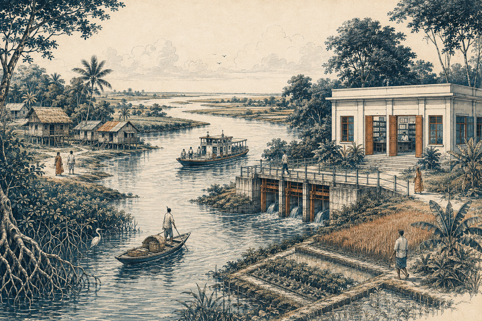 Homes, farming and public works share the same river landscape.