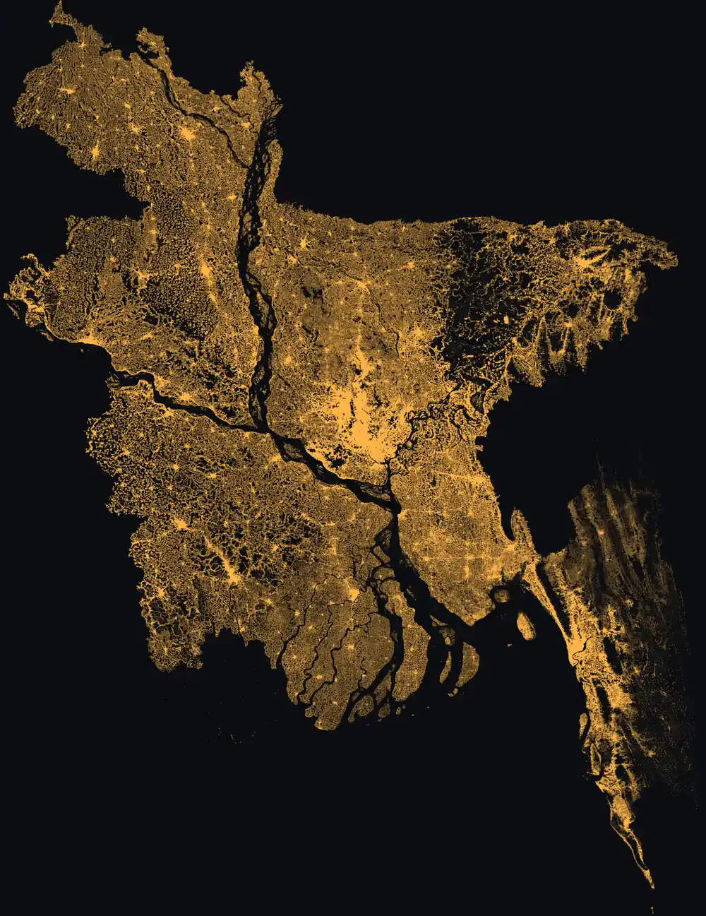 Bangladesh drawn as modelled population density from the WorldPop 2025 raster: brighter where the model places more people, darker where it renders fewer. A density estimate, not people's locations.
